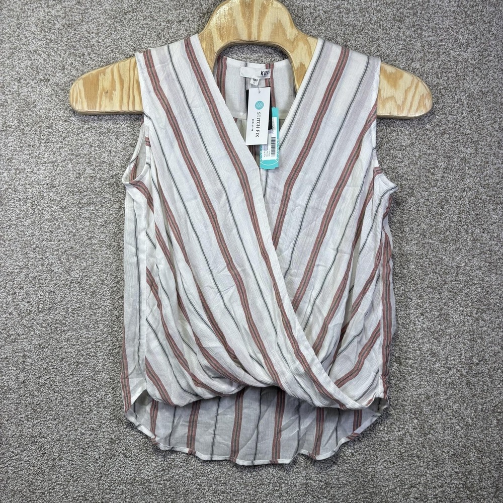 NWT Kut From The Kloth Tank Top Womens Large White Striped Becky Surplice Woven